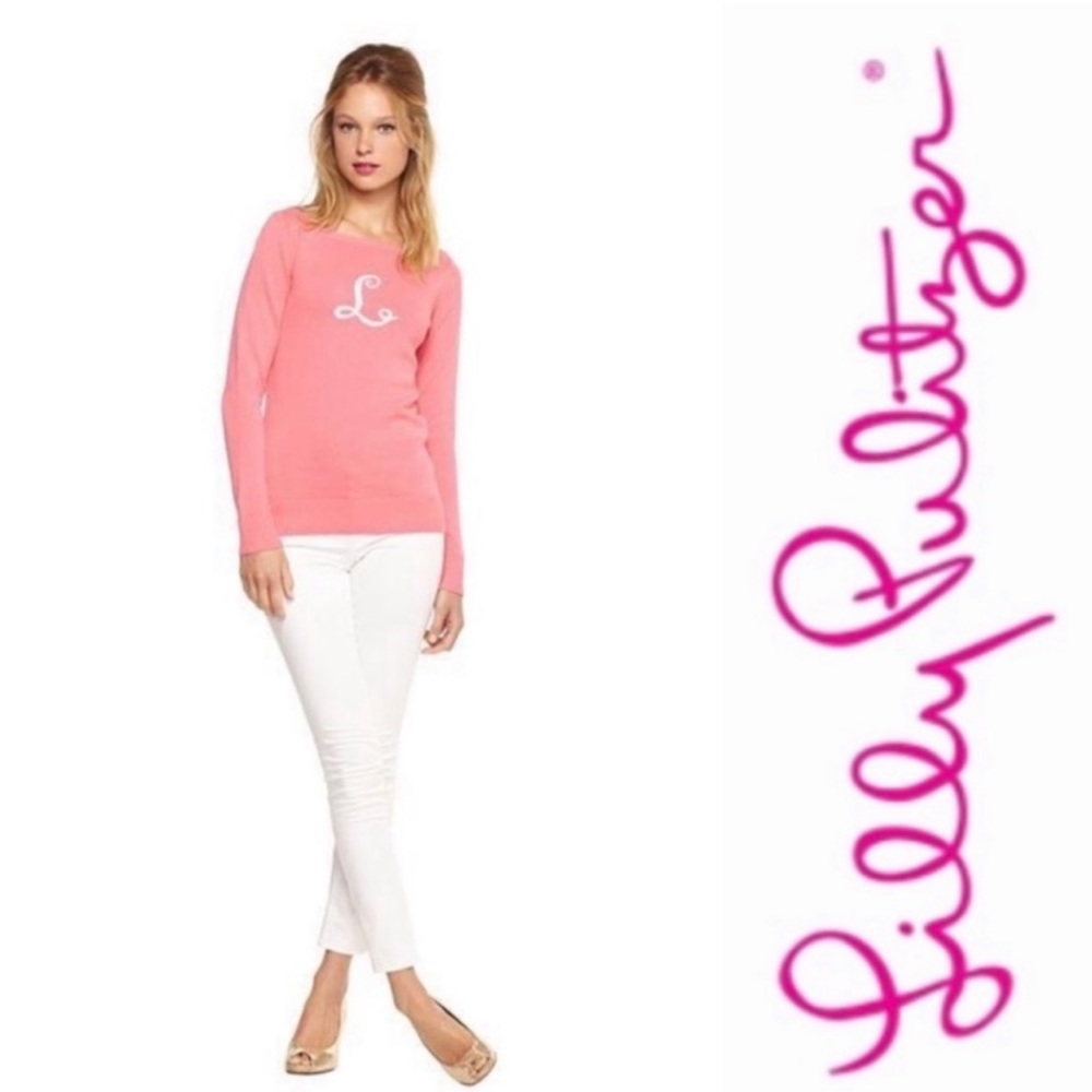 EUC Lilly Pulitzer L Initial Monogram Marielle Pink Sweater Size Medium